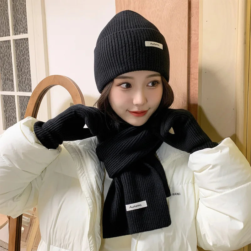Ensemble chapeau, écharpe et gants en laine tricotée de couleur unie-ensemble de noël chaud du nouvel an rouge en faux cachemire automne/hiver