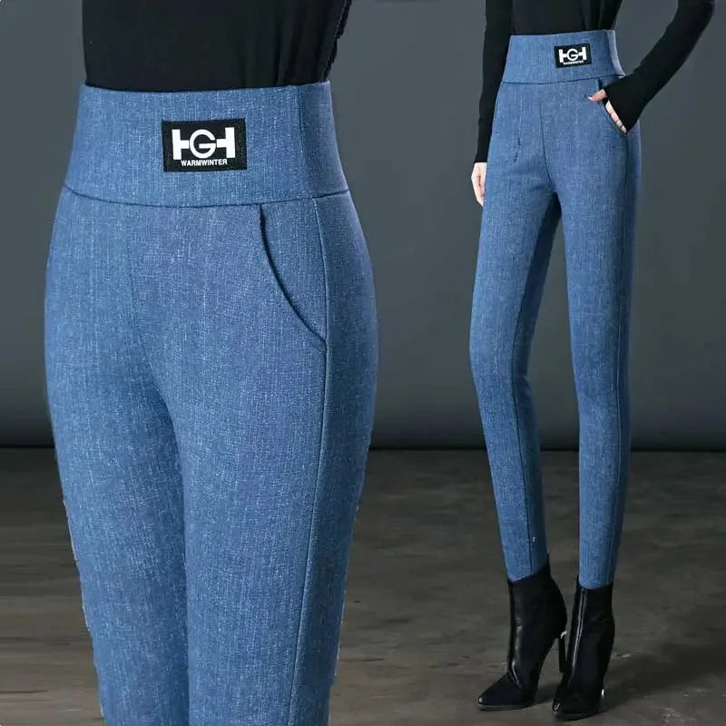 Leggings en laine d'agneau femmes taille haute Leggings chauds en plein air marche pantalons décontractés extensible maigre avec poche Leggings élégants