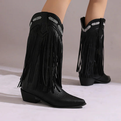 Bottes de cowboy pour femmes, brodées, à glands, talons épais, bout pointu, roses, de style western, bottes compensées sans lacets pour femme