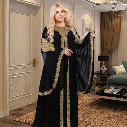 Abaya-Robes de soirée pour femmes, caftan musulman, manches évasées, robe brodée en dentelle dorée, trempée Jalabiya, Ramadan, ensemble de 2 pièces