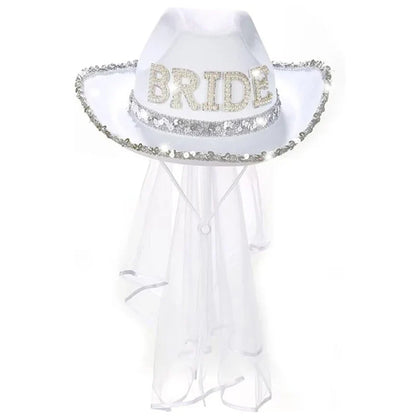 Funny Cowboy Cowgirl Bride Hat with Mesh Veil Rhinestones Bride Letter Wide Brim Hat Bachelorette Wedding Party Props