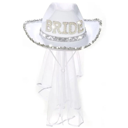 Funny Cowboy Cowgirl Bride Hat with Mesh Veil Rhinestones Bride Letter Wide Brim Hat Bachelorette Wedding Party Props