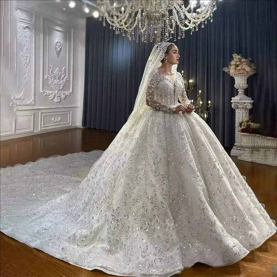 Customzied Gorgeous Wedding Dress For Women Long Sleeves  Sequins Appliques Bridal Gown O-Neck Bridal dress Vestido De Novia