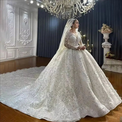 Customzied Gorgeous Wedding Dress For Women Long Sleeves  Sequins Appliques Bridal Gown O-Neck Bridal dress Vestido De Novia