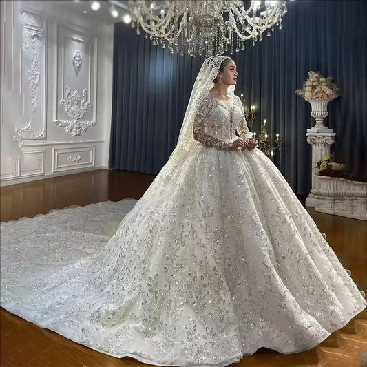 Customzied Gorgeous Wedding Dress For Women Long Sleeves  Sequins Appliques Bridal Gown O-Neck Bridal dress Vestido De Novia