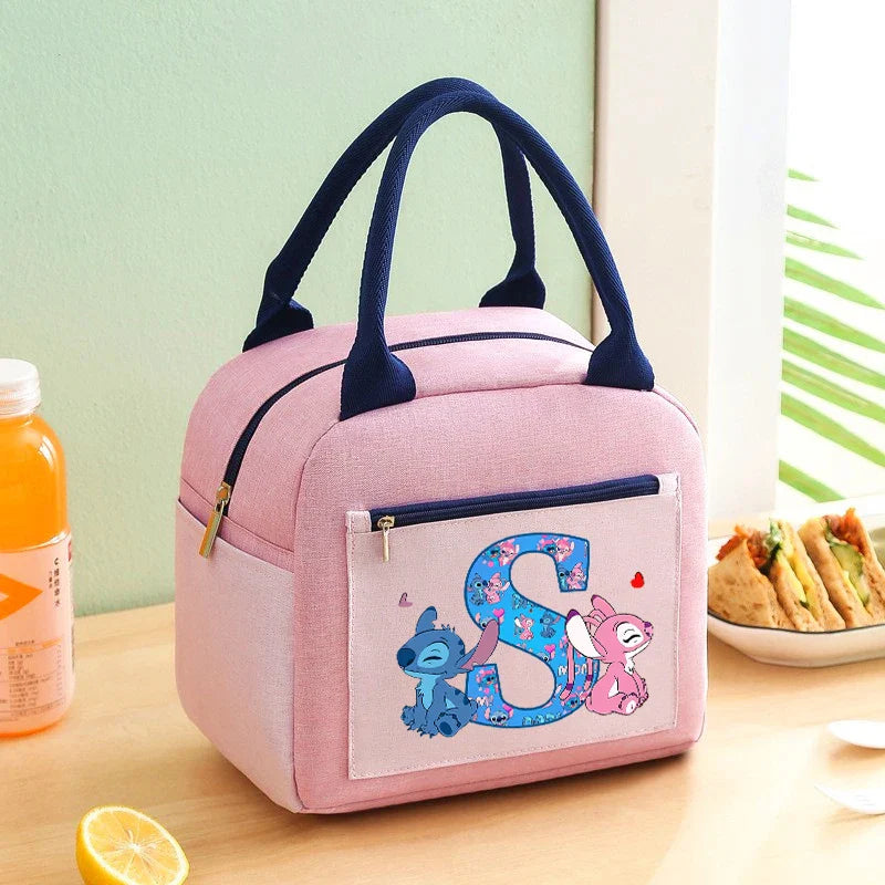 Anime Stitch High-capacity Lunch Bag Cartoon Letter A-Z Printed Insulated Box Picnic Portable Food Keep Fresh Handbag Bento Bags