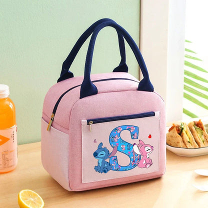 Anime Stitch High-capacity Lunch Bag Cartoon Letter A-Z Printed Insulated Box Picnic Portable Food Keep Fresh Handbag Bento Bags