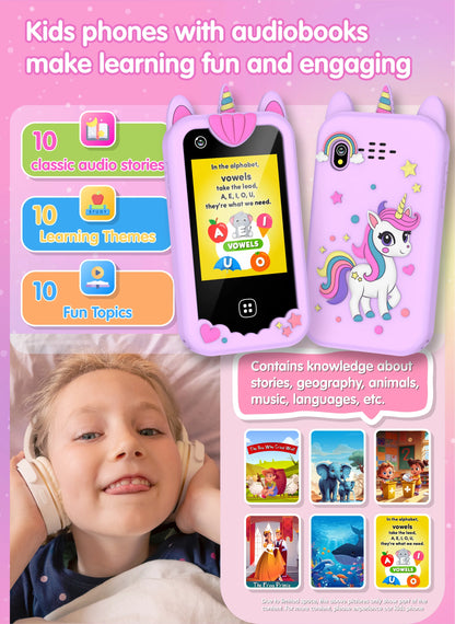 Téléphone intelligent pour enfants Filles Garçons Jouets Téléphone portable Double appareil photo Lecteur de musique 17 jeux Téléphone d'apprentissage pour tout-petits Cadeaux d'anniversaire