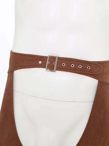 Womens Faux Suede Leather Cowboy Pants Vintage Adjustable Waist Hollow Out Bell Bottoms Biker Pants Riding Motorcycle Trousers