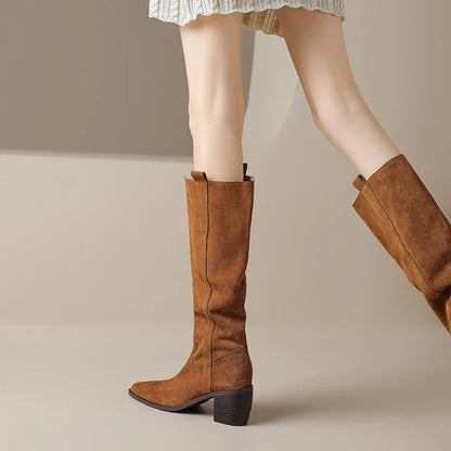 Bottes de Cowboy en Daim de Vache à Talons Hauts pour Femme, Style Vintage, Style Country Western, à la Mode, Automne Hiver