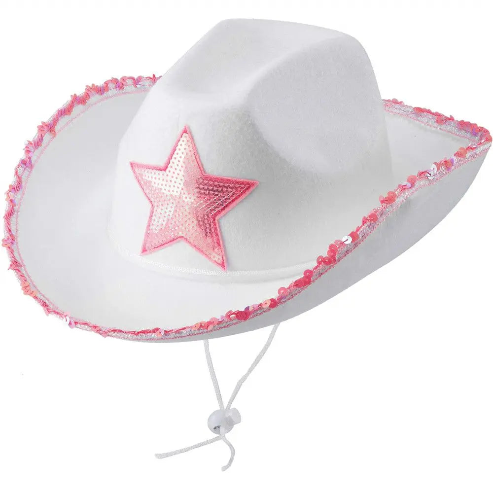 White Cowgirl Hat, Pink Star Cowgirl Hat with Sequin Trim, Fringe, Adjustable Neck, Drawstring, Adult Cowboy Hat for Costume Party