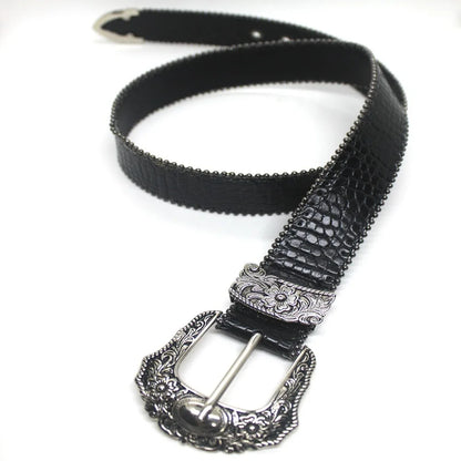 Western PU Leather Belt Western Cowboy Women Cowgirl Unisex Waist Belt with Metal Engraved Buckle