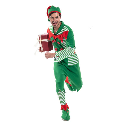 Christmas Santa Claus Costume Green Elf Cosplay Family Carnival Party Halloween Fancy Dress Clothes Set For Men