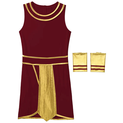 Mens Ancient Egypt Costume Adults Halloween Masquerade Cosplay Carnival Party Dress Sleeveless Themed Roleplay Dress with Cuffs