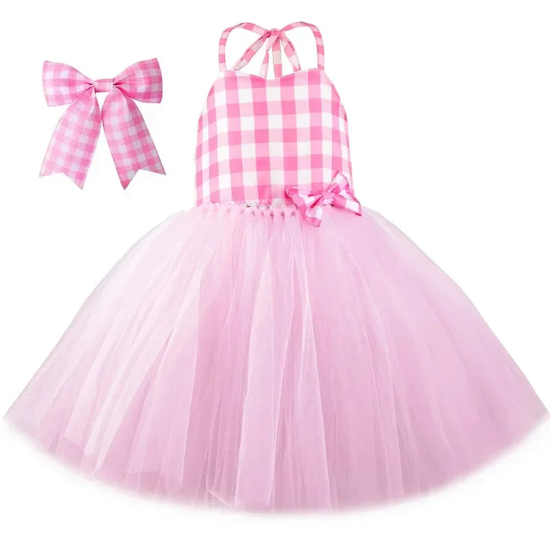 Movie Cowgirl Barbi Costume for Girls Princess Dress Hot Pink Plaid Margot Robbie Tutu Dress Kids Birthday Party Tulle Dresses