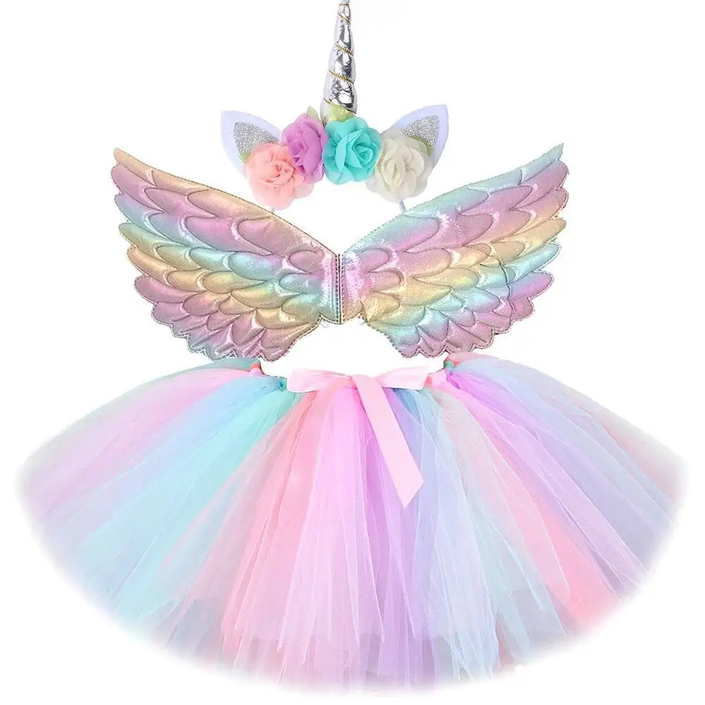Tenue Jupe Tutu Licorne Bébé Filles pour Fête d'Anniversaire Enfants Jupes en Tulle Ensemble Costumes Noël Halloween avec Ailes