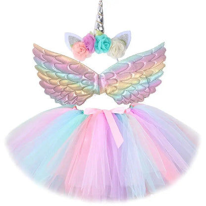 Tenue Jupe Tutu Licorne Bébé Filles pour Fête d'Anniversaire Enfants Jupes en Tulle Ensemble Costumes Noël Halloween avec Ailes