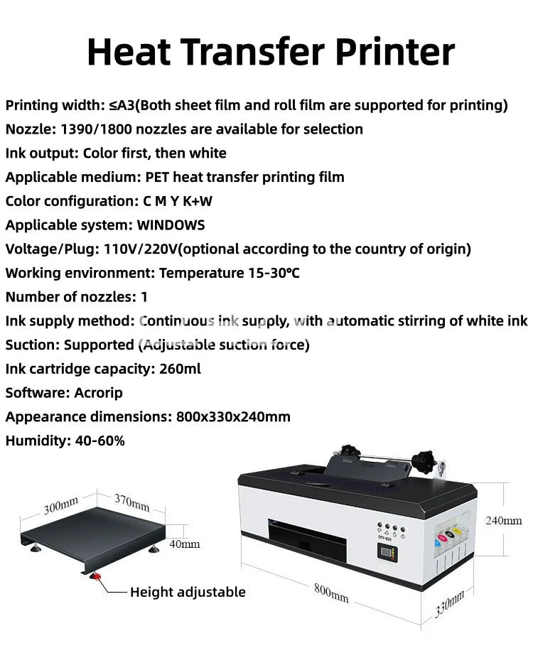The white ink heat transfer printer is a micro-piezoelectric nozzle heat transfer printer that first colors and then white