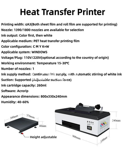 The white ink heat transfer printer is a micro-piezoelectric nozzle heat transfer printer that first colors and then white
