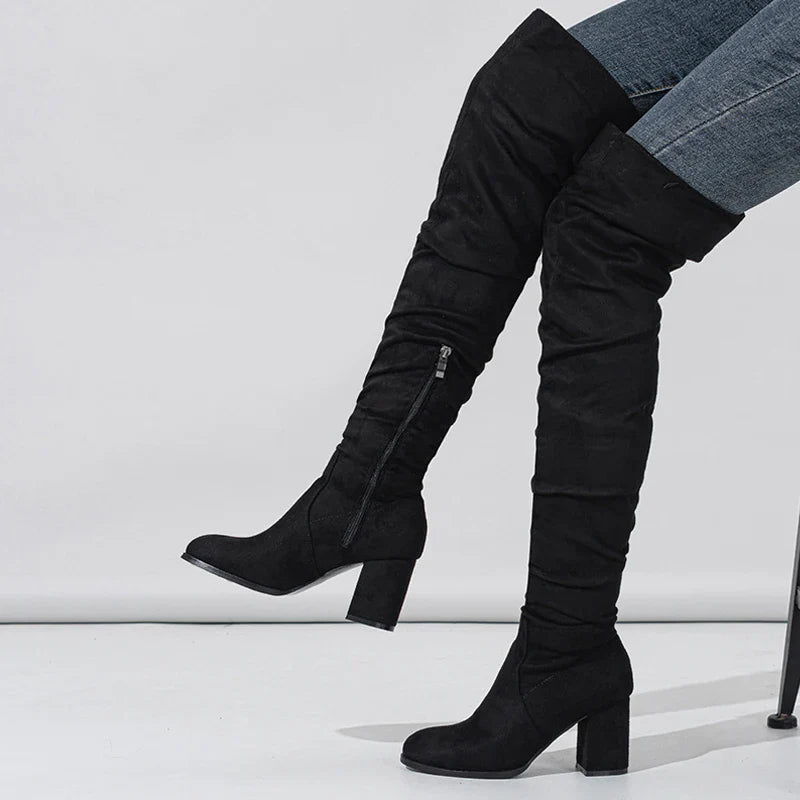 Bottes Noires Marron Cuissardes Liyke 2025 Automne Hiver Femme Sexy Bout Pointu Fermeture Éclair Chaussures Hautes Talon Carré Bottines Femme