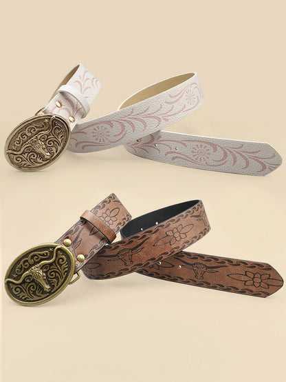 Ceinture décontractée vintage de style cowboy occidental – Boucle sculptée en tête de bœuf et imprimé bohème, parfaite pour les déplacements quotidiens et les tenues de rencontres