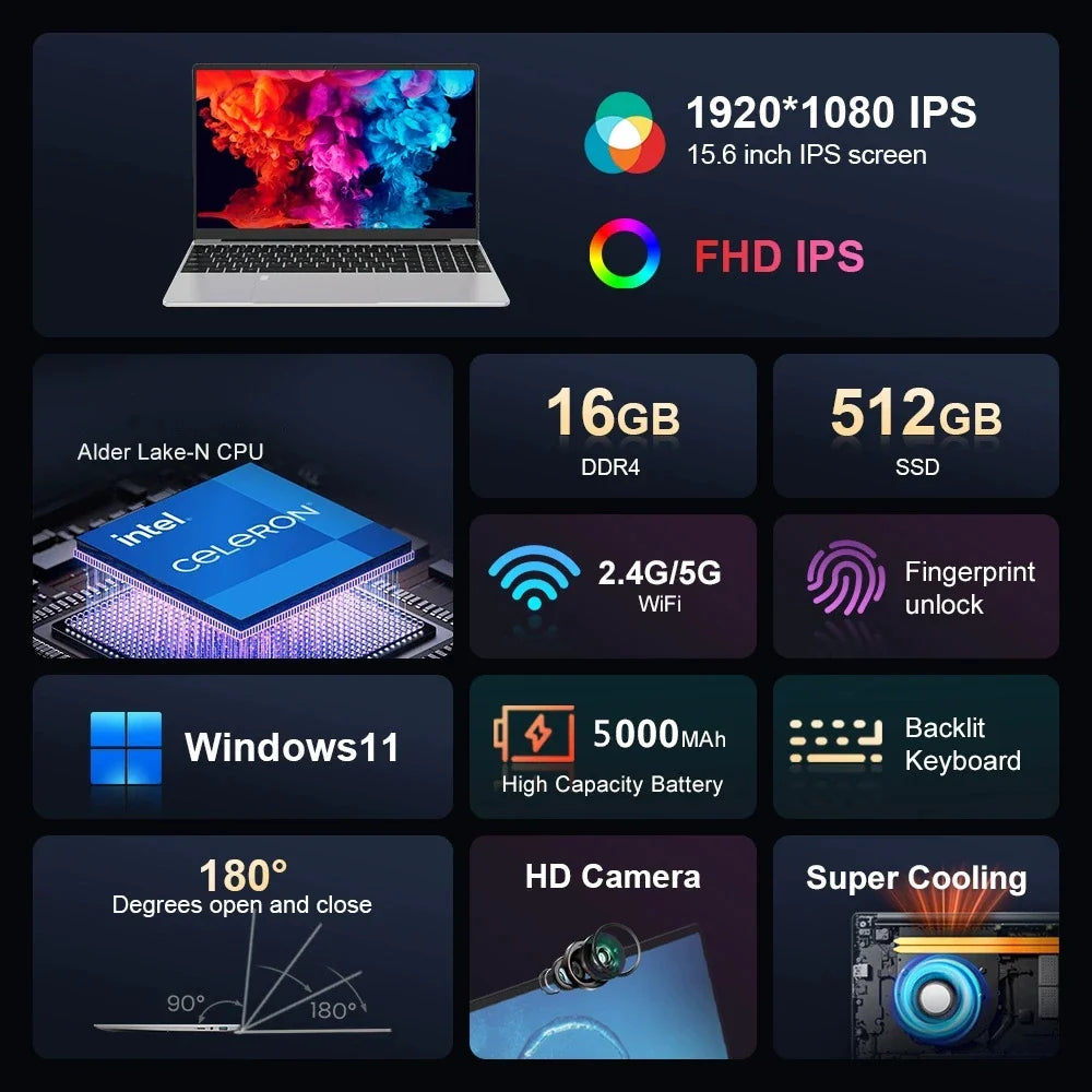 Portable Laptop 15.6inch Intel Celeron N5095 16GB RAM 1TB SSD DDR4 Windows 11 Pro Camera Fingerprint Backlit Keypad Computer PC