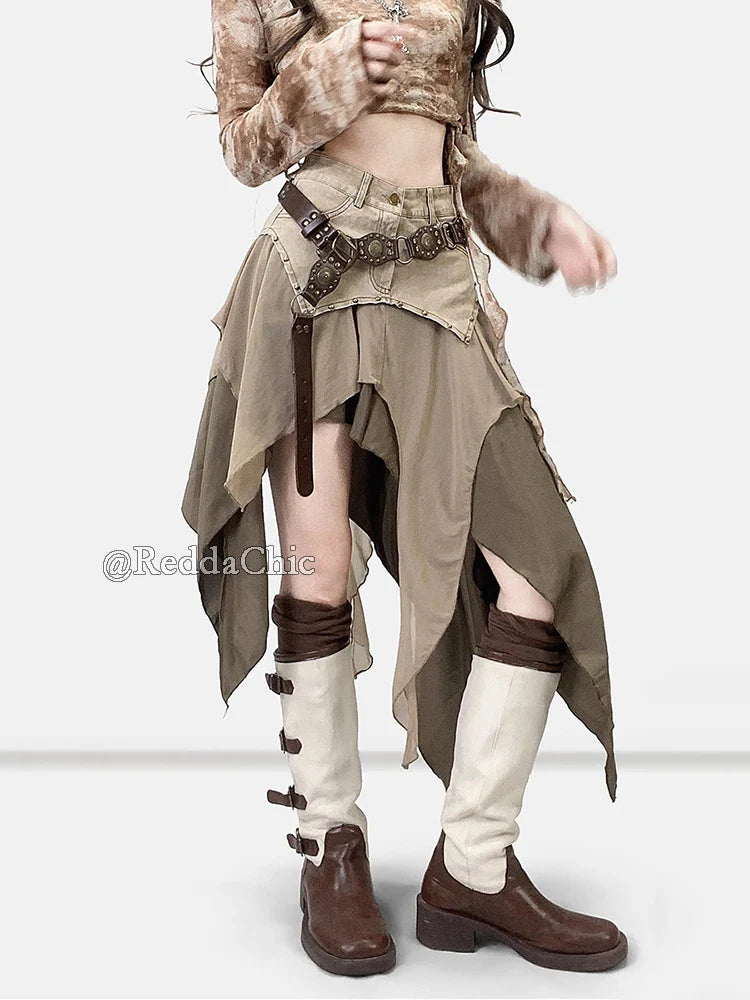 REDDACHiC Cowgirl Tulle point Denim jupe asymétrique Hippie rétro Rivets taille haute à volants jupe longue fluide été femmes vêtements