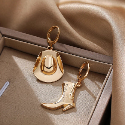 Boucles d'Oreilles Pendantes Asymétriques pour Cowgirl, Punk Goth Style, Cool Western Cowboy Hat Boot, Charms Or Plaqué Rock, Bijoux Accessoires