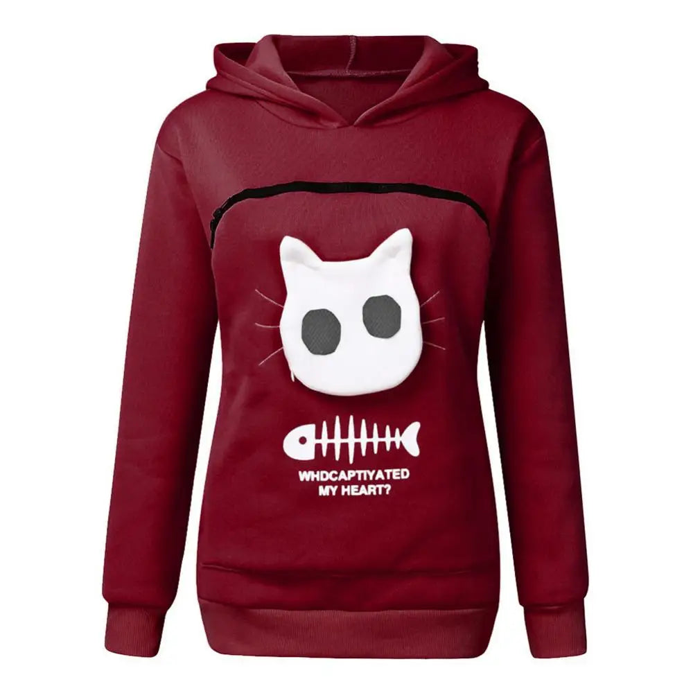 Super Big Pocket Women Sweatshirt Can Put In A Cat Kangaroo Pouch Women Hoodie Fish Bone Print Hoodie Pets Holder Sweatshirt
