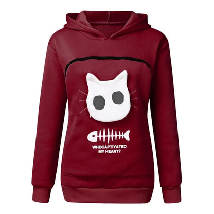Super Big Pocket Women Sweatshirt Can Put In A Cat Kangaroo Pouch Women Hoodie Fish Bone Print Hoodie Pets Holder Sweatshirt