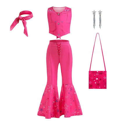 Costume de Cowgirl Robe de Fille Princesse Cosplay Costume Rose à Carreaux Tenue de Plage Anniversaire Halloween Fête Robe pour Enfants