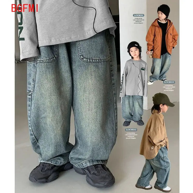 Salopette en jean coréenne pour enfants printemps automne décontractée, pantalon en jean large, jean large pour enfants, pantalon ample streetwear