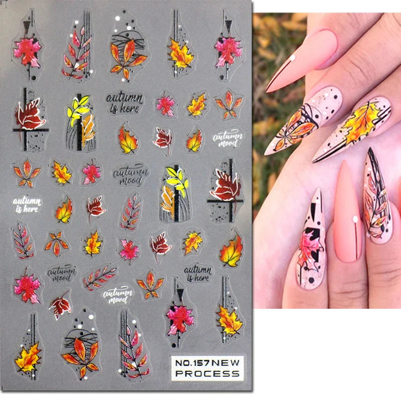 Autocollants 3D pour ongles Hiver Automne Feuilles dorées Roses Rouges Fleurs Décalcomanies pour la décoration des ongles Salon de manucure Beauté