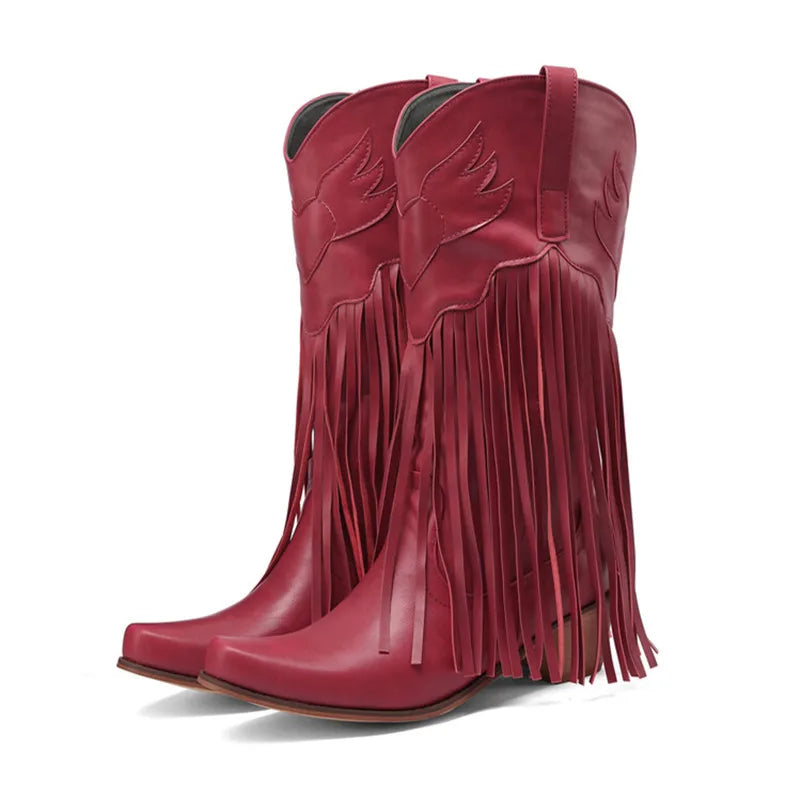 Nouvelles bottes de cowboy rétro ethniques pour femmes avec pompon à talon moyen, chaussures d'hiver pour femmes