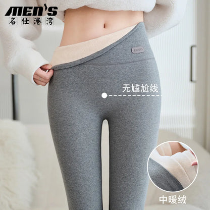 Leggings 420g 92% coton avec doublure polaire pour vêtements d'hiver, polaire d'agneau épaisse en coton pour femmes, pantalon chaud gris taille haute