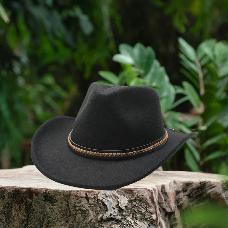 Chapeaux de cowboy classiques pour femmes et hommes, chapeaux de cowgirl rétro en feutre à large bord avec bande décorative