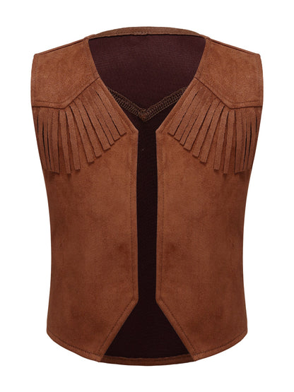 Kids Boys Western Cowboy Cowgirl Cosplay Costume Open Front Waistcoat Vest Pointed Hem Fringe Decor Tassel Jacket for Party