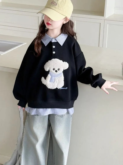 Sweat-shirt à capuche pour filles, Polo deux pièces en Faux, moyen-grand, coupe ample, haut de chiot de dessin animé, nouvelle collection printemps/automne 2025