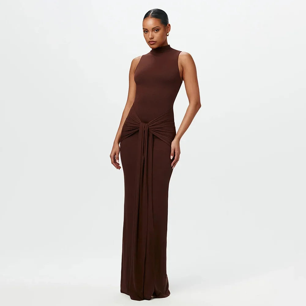Slim Fit Wrap around Midriff Baring Sleeveless round Neck Dress for Women in Autumn And Winter Pure Color with Belt Detail