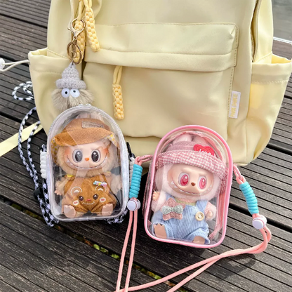 Pour sac bandoulière Labubu V2 de 15 cm en coton, sac de rangement en PVC, sac d'affichage pour poupées à pompon