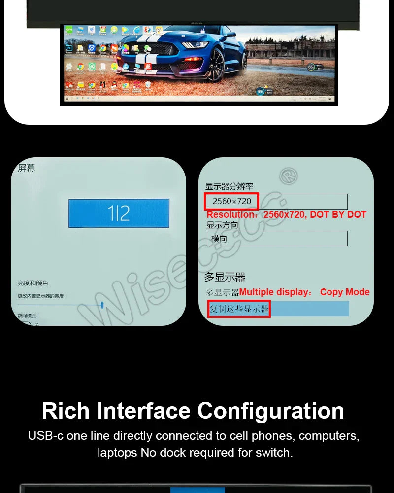 Wisecoco 14.5 Inch Stretched Bar LCD Display IPS 2560x720 2K Long Strip LCD Panel Capacitive Touchscreen USB-C Driver Board