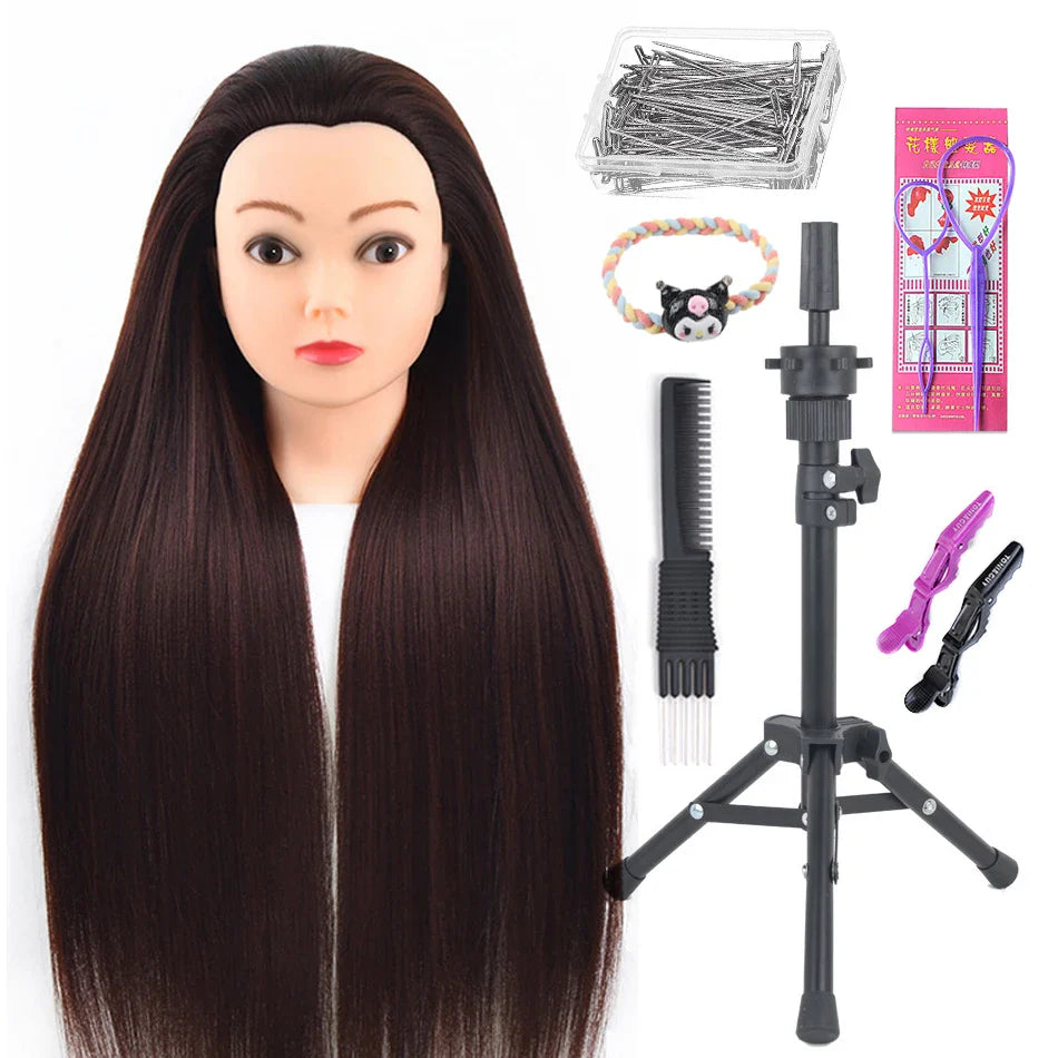 Tête de mannequin à cheveux longs synthétiques avec support de trépied de perruque réglable Modèle avec tête de mannequin Formation de coiffeur coiffant