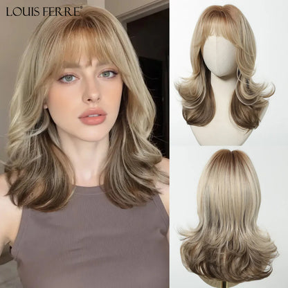 Brown Blonde Ombre Synthetic Wigs for Women Medium Length Wavy Layered Wigs With Side Bangs Daily Party Heat Resistant Fake Hair
