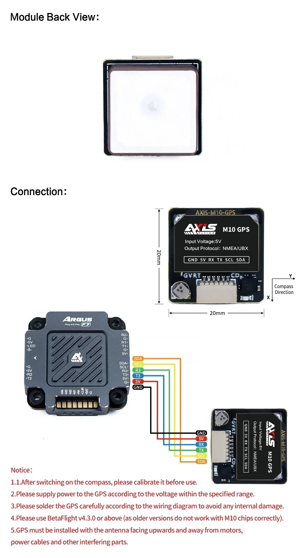 Module GPS AxisFlying M10 avec boussole QMC5883 3.6 V-5.5 V pour drone Freestyle et longue portée RC FPV