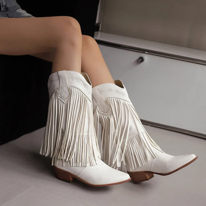 Bottes de cowboy pour femmes, brodées, à glands, talons épais, bout pointu, roses, de style western, bottes compensées sans lacets pour femme