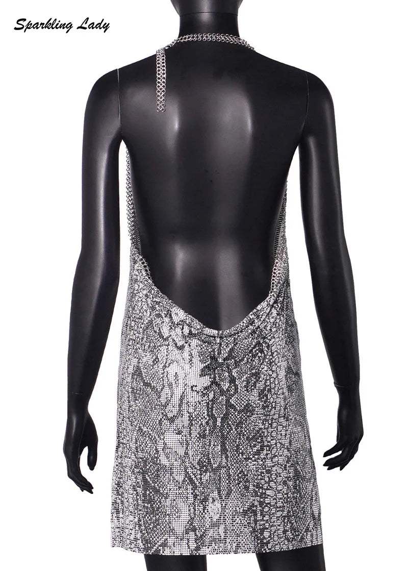 Sexy Hot Pink Glitter Sequin Party Dresses Bling Aluminum Chainmail Dress Backless Halter V Neck Side Slit Metal Party Outfit