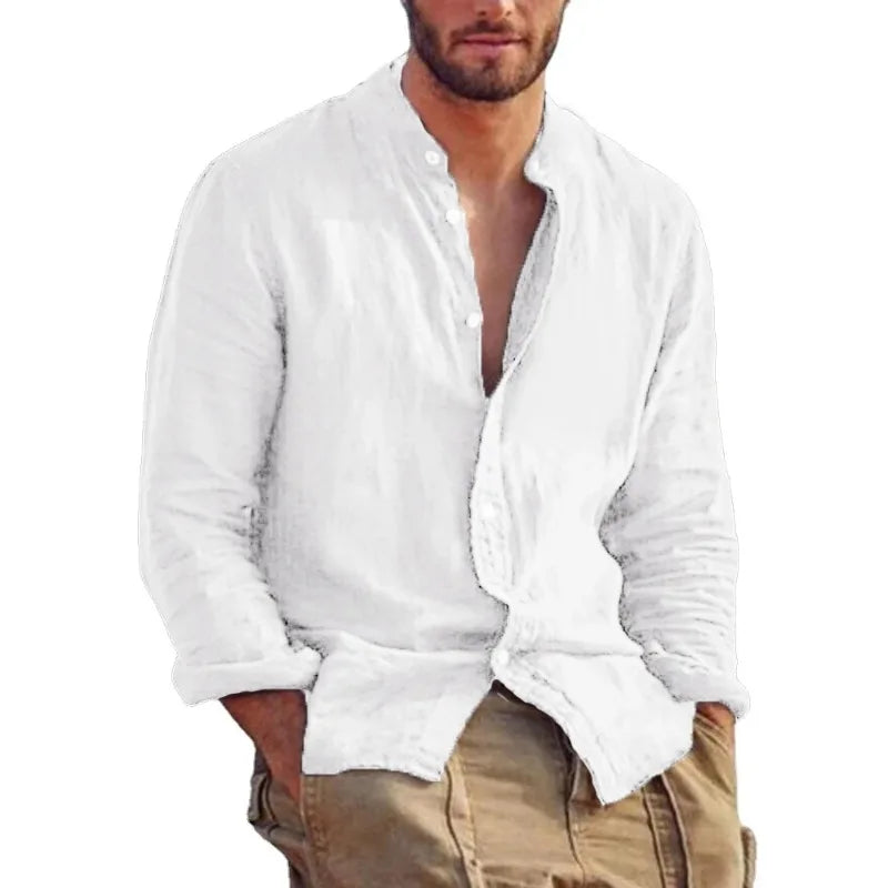Sweat-shirt à manches longues pour hommes, chemise en lin de couleur unie, tendance, col montant, décontracté, léger, respirant, chemise hawaïenne