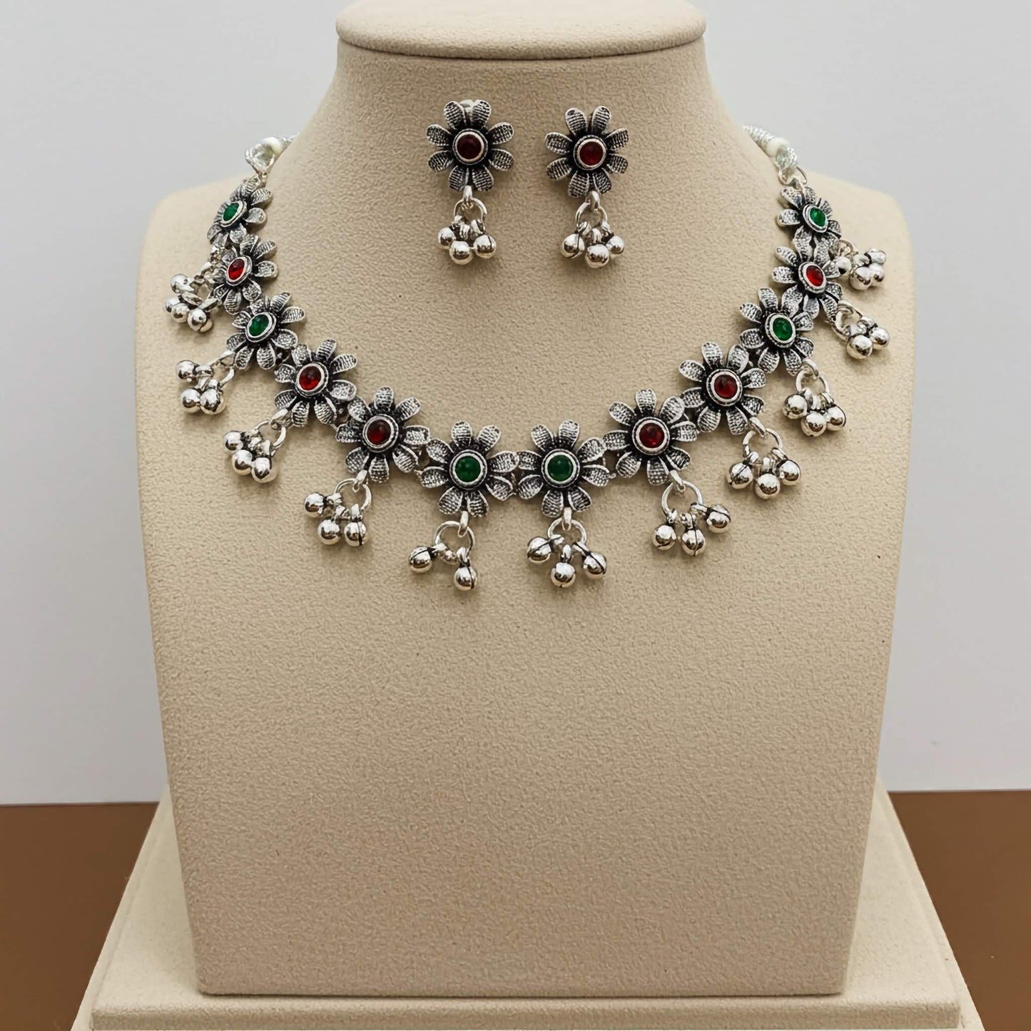 Oxidized Silver Floral Necklace & Earrings Set