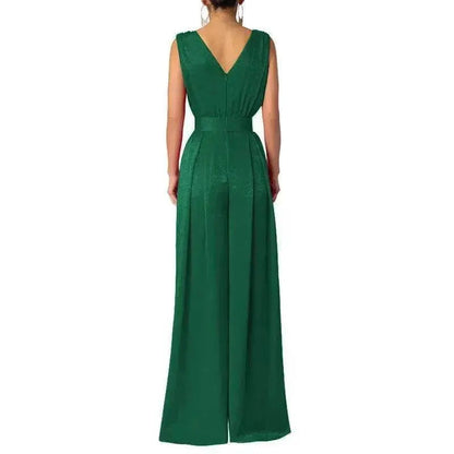 Solid Color And V-neck High Waist Wide Leg Jumpsuit