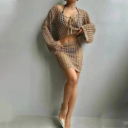 Solid Color Knitted Stand-up Collar Bikini Swimsuit Blouse Suit